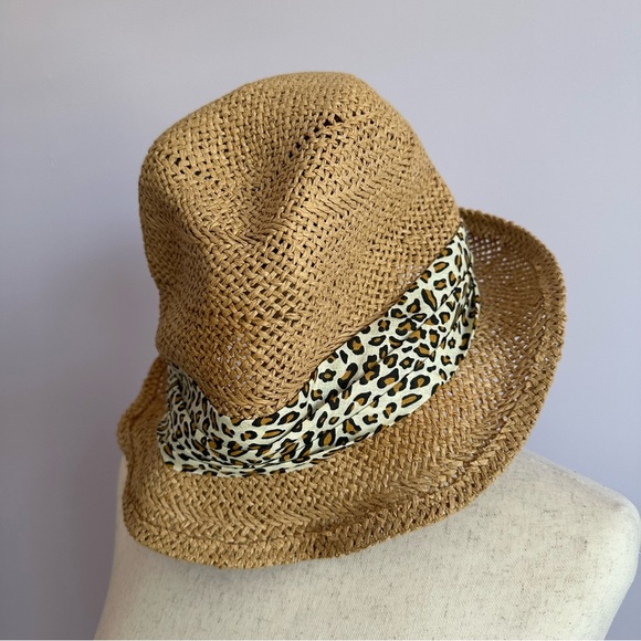 Woven Straw Hat with Attached Leopard Print Scarf - Picture 3 of 6